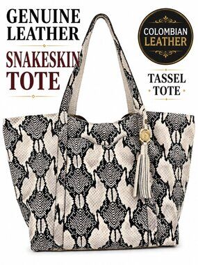 🐍 Chic Snakeskin Leather Tote Bag Cream Black Tassel Shoulder Bag
